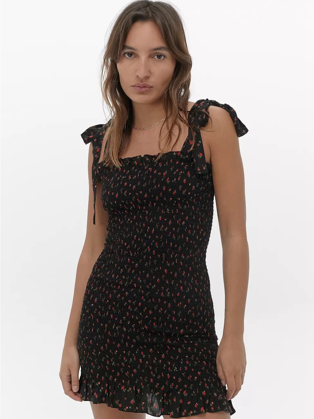 Free People Black Mini Dress with Red Floral Print